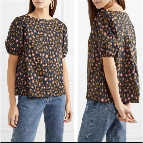 J Crew Tops - J CREW S Top Navy Blue Pink Snow Leopard Print Puff Sleeve Shoulder Brown Shirt